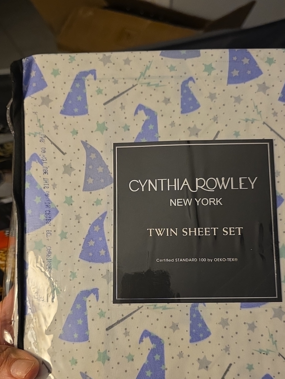 Cynthia Rowley White Twin Sheet Set with Blue Wizard Hat Print With Bonus